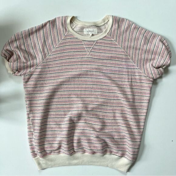 THE GREAT. Striped Crew Neck Sweater - Pink and Cream - Picture 6 of 11